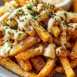A tasty pile of cheesy fries with bacon.