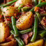 Bacon, potatoes, and green beans piled on a plate.
