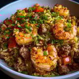 Shrimp, veggies, and rice served in a bowl