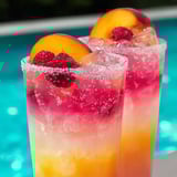 A pair of chilled peach drinks with fresh raspberries on top.
