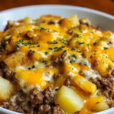 A bowl with cheesy potatoes and beef.