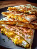 A stack of cheddar egg quesadillas.