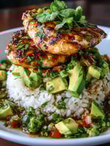 A plate of food with rice, chicken, and avocado.