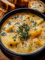 A bowl of soup with a sprig of parsley on top.