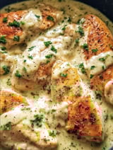 A close up of a creamy crock pot ranch chicken.