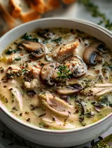 Chicken and mushroom soup in a bowl.
