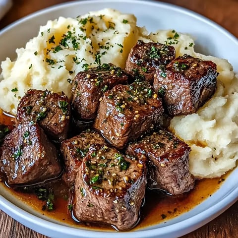 A dish of succulent beef cubes swimming in rich gravy next to fluffy whipped potatoes, sprinkled with fresh herbs.