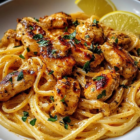A bowl of chicken pasta topped with fresh lemon slices.