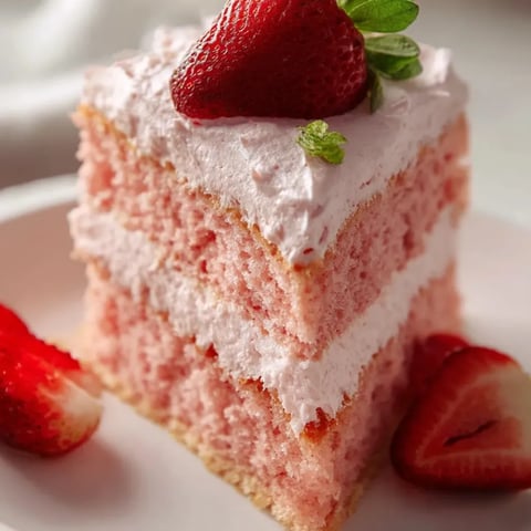 A slice of pink cake with strawberries on top.