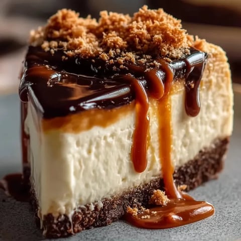 A slice of cheesecake with caramel drizzled on top.