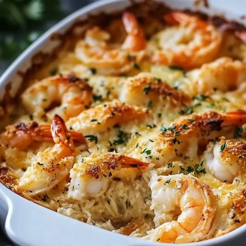 A white dish filled with cheesy shrimp mixture.