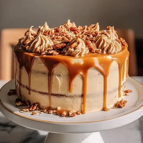A cake with caramel drizzle on top.
