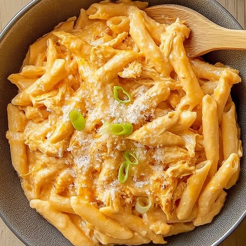 A bowl of pasta with chicken and cheese.