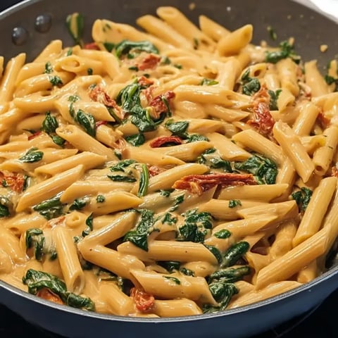 A pan of pasta with spinach and tomatoes.