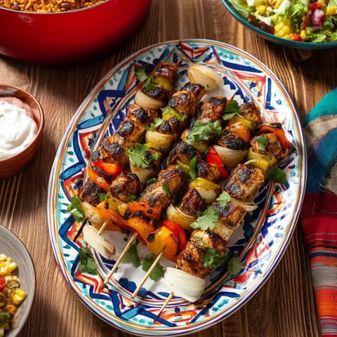 A plate of food with a skewer of meat and vegetables.