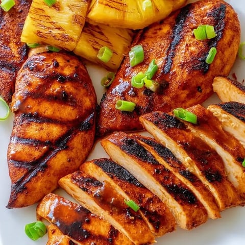 A plate of food with chicken, pineapple, and green onions.