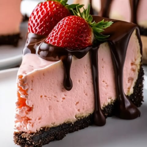 A slice of pink cake with chocolate drizzled on top.
