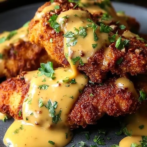 A plate of chicken with a sauce on it.