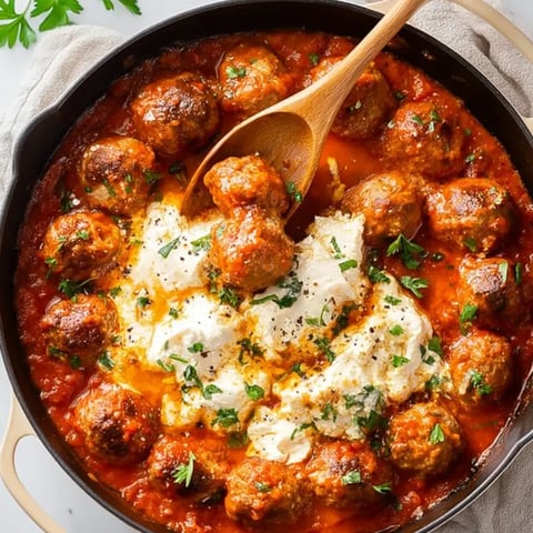 A bowl of meatballs with a wooden spoon.
