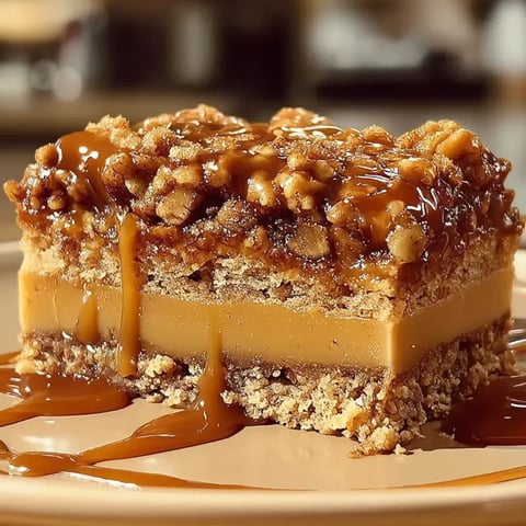 A slice of caramel cake with nuts.