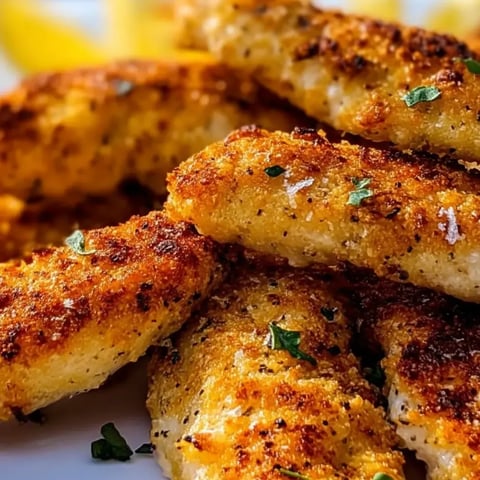 A plate of breaded chicken with lemon wedges.
