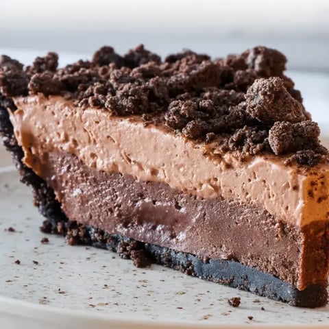 A slice of chocolate cake with chocolate chips.