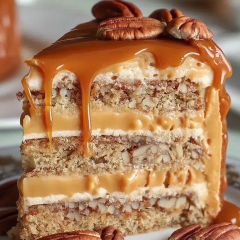 A slice of cake with caramel drizzled on top.