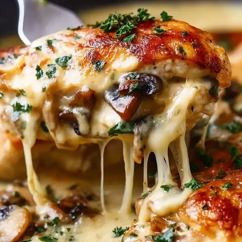 A piece of food with mushrooms and cheese.