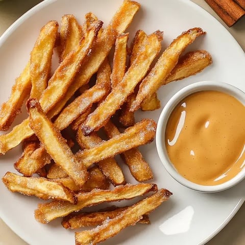 A plate of fries with a dipping sauce.