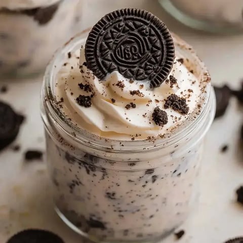 A glass of ice cream with a cookie on top.