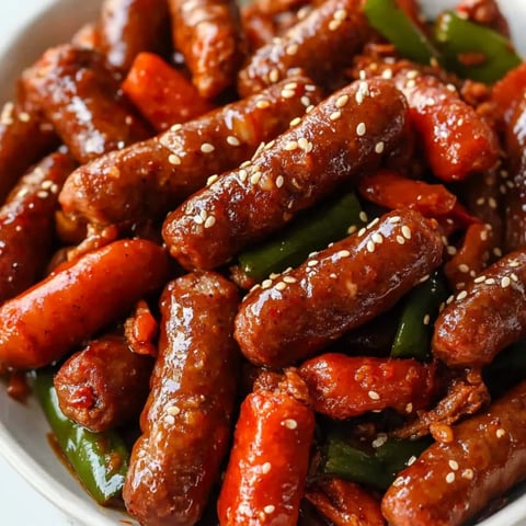 A bowl of savory sausages and vegetables.