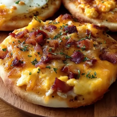 A plate showing toasty muffins topped with melty cheese and crispy bacon.
