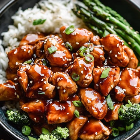 Juicy chicken with glossy sauce, white rice, and fresh broccoli.