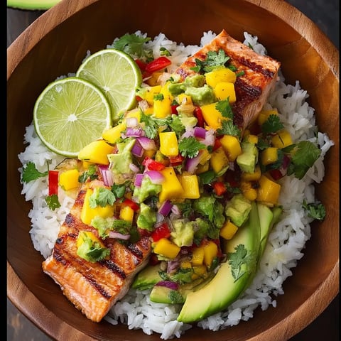 A plate containing seafood, grain, and vibrant garnishes.
