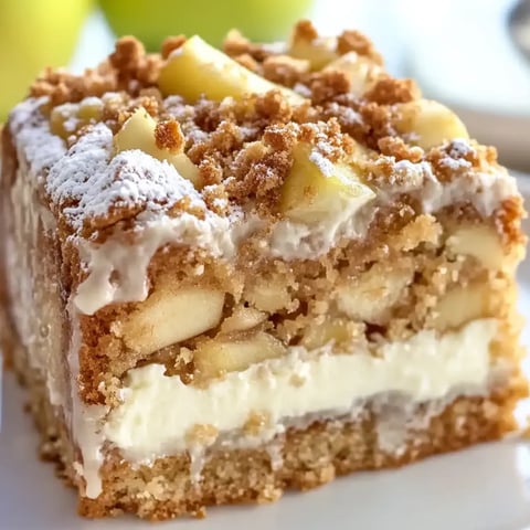 A slice of moist apple cake drizzled with white glaze and garnished with fresh apple slices.