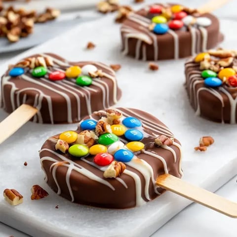 A chocolate cake with M&Ms and nuts on it.