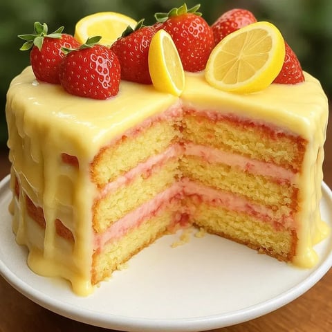 Cake wedge topped with fresh lemon and strawberries.
