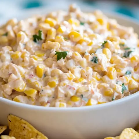 A bowl of corn salad with chips.