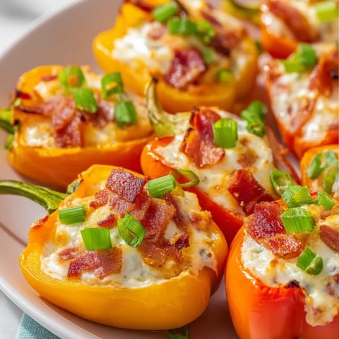 A plate of peppers with bacon on top.
