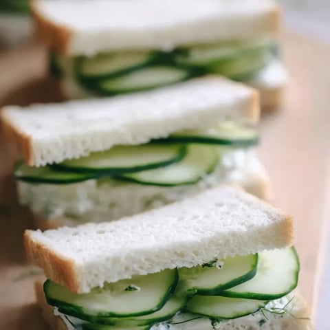 A sandwich with cucumber slices on top.