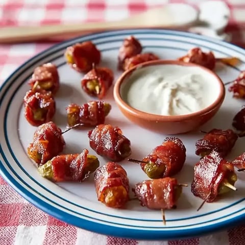 A plate of bacon wrapped appetizers with a bowl of dipping sauce.