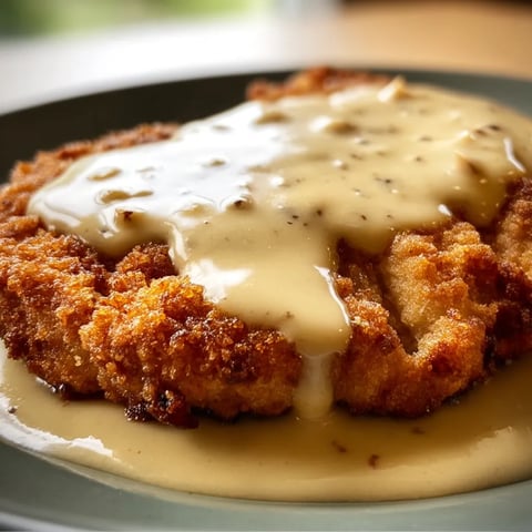 A plate stacked with Chicken Fried Steak and creamy Gravy on top.