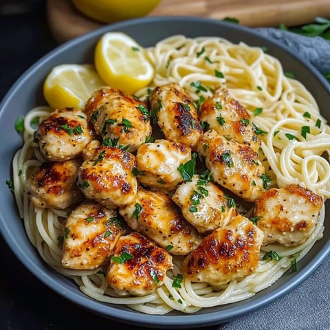 Pasta bowl loaded with chicken and some lemon wedges on the side.