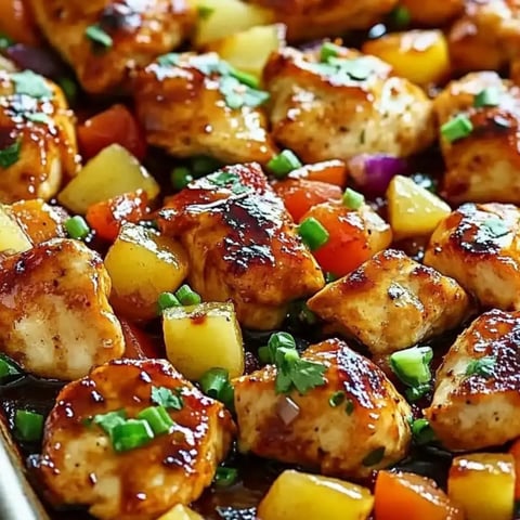 Oven-baked chicken mixed with pineapple and onions in a pan.