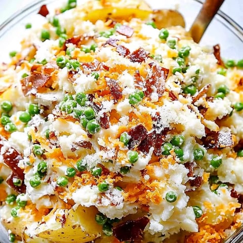 A bowl with peas and bacon on top.