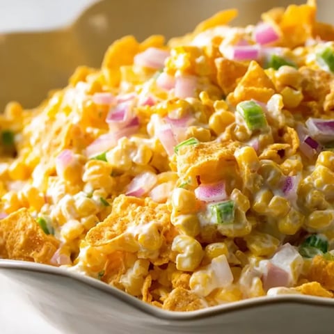 A bowl of nachos with cheese and corn.