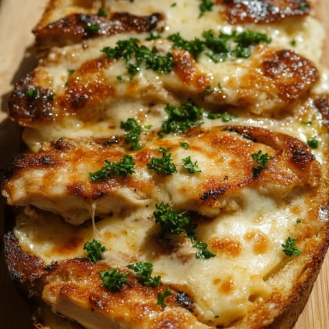 Bread slice topped with chicken and cheese.