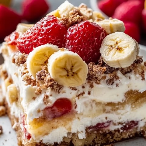 Cake slice topped with strawberries and sliced banana.