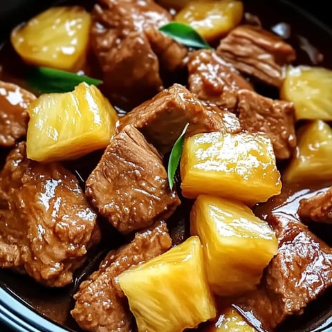 Bowl filled with pineapple and soft pork pieces.