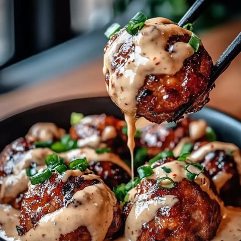 Meatballs piled in a bowl with drizzled sauce.